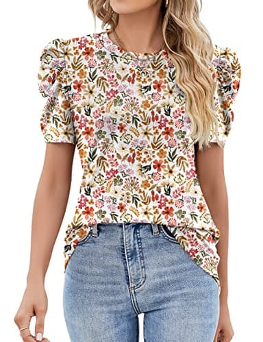 Ivicoer Puff Sleeve Shirt Floral Tops Casual Ladies Blouses Dressy Bohemian Blouses for Women 2025 Teacher Outifts XXL - Image 1