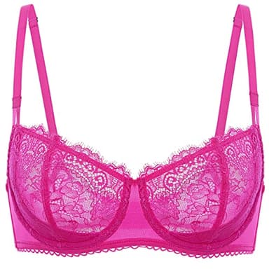 DOBREVA Women's Sexy Lace Push Up Plus Size Bra Sheer Balconette Underwire Unlined Bright Fuchsia 34E - Image 1