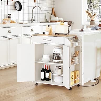 HOOBRO Kitchen Island with Power Outlet, Kitchen Storage Island with Spice Rack and Drawer, Rolling Kitchen on Wheels, for Home, Dining Room, Natural and White - Image 2