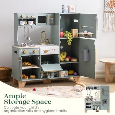 ROBUD Play Kitchen Set, Wooden Play Kitchen with Ice Maker, Fridge, Coffee Machine, Oven, Dishwasher, Microwave, Kitchen Accessories, Toy Kitchen Gift for Boys Girls, 3+ - Image 3