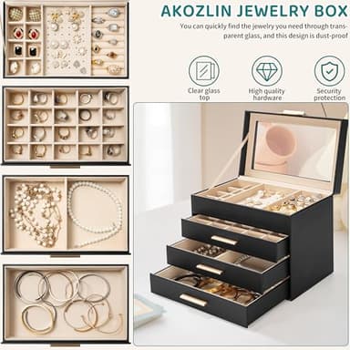 AKOZLIN 4-Tier Jewelry Box with Clear Glass Lid Functional Leather Jewelry Storage Organizer Case 3 Drawers for Women Girls Necklace Ring Bracelet Earring Black - Image 2