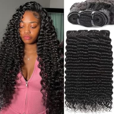 Human Hair Bundles 20 22 24 26 Inch Deep Wave Bundles Human Hair 12A 4 Bundles Human Hair 100% Unprocessed Virgin Deep Curly Human Hair Bundles Deals Real Human Hair Extensions Natural Black - Image 1