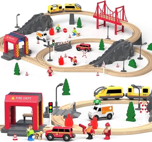 Giant bean 72PCS Fire Station Wooden Train Track Electric Train Set, Gift Packed Toy Railway Kits for Kids, Toddler Boys and Girls 3,4,5 Years Old and Up, Christmas Birthday Gift Toy for Kids - Image 1