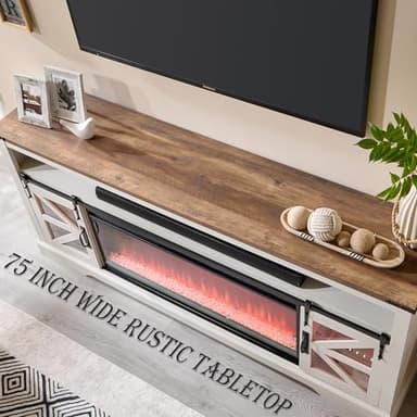 OKD Fireplace TV Stand for 85" TV, 33" Tall Highboy Farmhouse Entertainment Center w/ 42'' Electric Fireplace & LED Light, Rustic Media Console w/Sliding Barn Door for Living Room, Antique White - Image 4