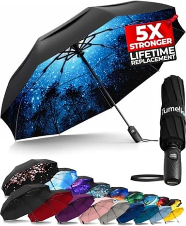 TUMELLA Strongest Windproof Travel Umbrella (Compact, Superior & Beautiful), Small Strong but Light Portable and Automatic Folding Rain Umbrella, Durable Premium Grip, Fits Car and Backpack - Image 1