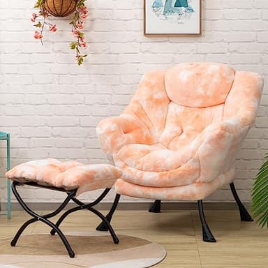 HollyHOME Lazy Chair with Foldable Ottoman, Accent Comfy Lounge Armchair and Folding Footrest Stool, Leisure Sofa Reading Chair and Footstool for Living Room, Bedroom, Dorm,Faux Fur Peach - Image 3