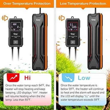 hygger Aquarium Heater 300W/500W/800W/1000W, Submersible Fish Tank Heater with Digital LED Controller and Intelligent Leaving Water Automatically Stop Heating System, for Freshwater and Saltwater - Image 4