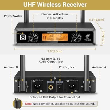Wireless Microphone System, TONOR Professional Metal Cordless Karaoke Microphones, Handheld Dynamic Mic Set with Receiver for Party, Meeting, KTV, Church, DJ, Wedding, Singing, 200ft, TW820 Black &Red - Image 6