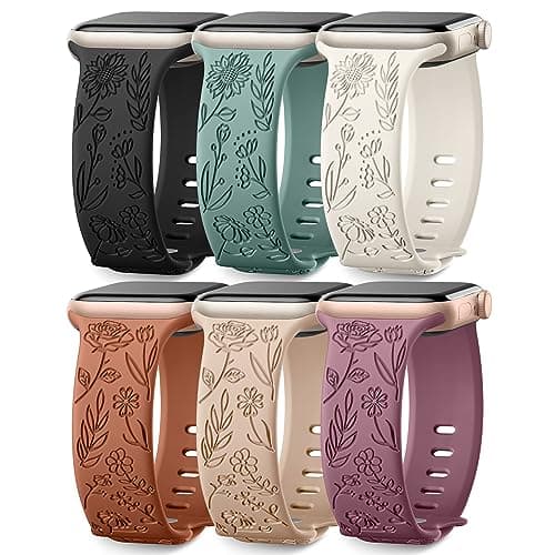 SNBLK 6 Pack Floral Engraved Apple Watch Bands, Compatible with 38mm-49mm Models, Soft Silicone Material, Vivid Flower Patterns, Comfortable Fit, Water Resistant - Image 1