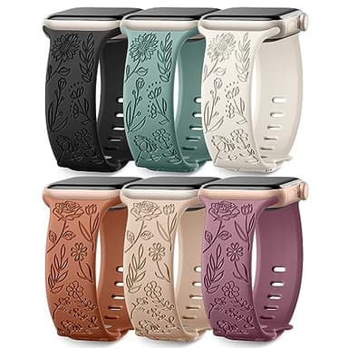 SNBLK 6 Pack Floral Engraved Apple Watch Bands, Compatible with 38mm-49mm Models, Soft Silicone Material, Vivid Flower Patterns, Comfortable Fit, Water Resistant - Image 1