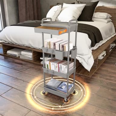 4 Tier Rolling Utility Cart with Drawer,REBECAT Utility Cart Made of Multifunctional Storage Organizer Tool for Kitchen,Bathroom,Living Room,Office(Gray) - Image 3