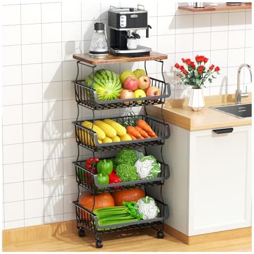 Gsiekare Fruit Vegetable Basket for Kitchen, 5 Tier Stackable Fruit Vegetable Storage Baskets with Wheels, Metal Wire Storage Basket Organizer Baskets for Kitchen, Pantry, Bathroom - Image 1