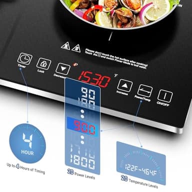 Double Induction Cooktop AMZCHEF Induction Cooker 2 Burners, Low Noise Electric Cooktops With 1800W Sensor Touch, 20 Temperature & Power Levels,Independent Control,3-hour Timer, Safety Lock - Image 4