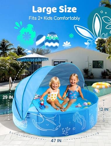 Hikiddy Foldable Kiddie Pool with Canopy: 47in Baby Pool and Beach Tent for Toddlers Infants 6-12 Months and Kids 2-4 Years Old - Portable Water Play with Shade for Outdoor Backyard Beach (Blue-Blue) - Image 3