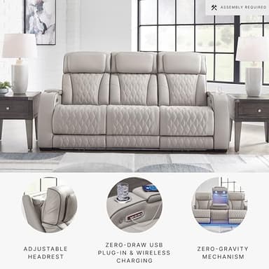 Signature Design by Ashley Boyington Contemporary Leather Match Power Reclining Sofa with USB Charging Ports, LED Lights and Adjustable Headrest, Light Gray - Image 7