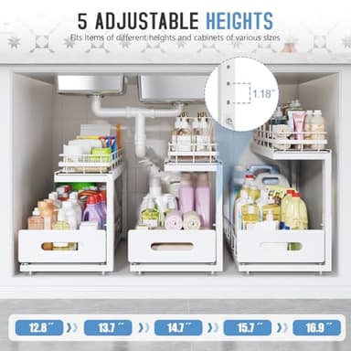 Biboraya 2 Pack Under Sink Organizer with Smooth Ball Bearing Slides,2-Tier Pull Out Cabinet Storage,Slide Out Drawers for Bathroom&Kitchen,Under Sink Shelf,Rust-resistant Coating,Height Adjustable - Image 6