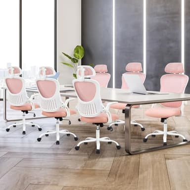 Sweetcrispy Office Computer Desk Chair, Ergonomic High-Back Mesh Rolling Work Chairs with Wheels and Adjustable Headrests, Comfortable Lumbar Support, Comfy Flip-up Arms for Home,Bedroom,Study, Pink - Image 7