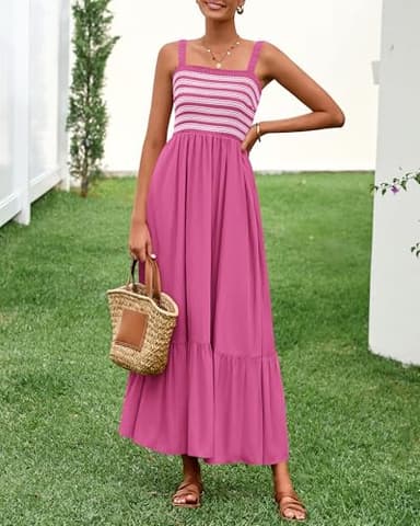 BTFBM Summer Midi Dresses for Women 2025 Spring Sleeveless Square Neck Smocked Flowy Long Beach Vacation Sundress Pocket(Rose Red, Medium) - Image 4