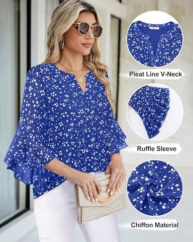 Timeson Womens 3/4 Sleeve Tops: Office Attire - Blouses for Woman - Womens Dress Shirts Junior Business Casual Tops Ladies Work Professional Clothes Elegant Fall Dressy Chiffon Tunics Spotted Blue L - Image 4