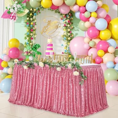 Blush Pink Table Skirts for rectangle 9ft Sequin Table Cloth Glitter Table skirt for Baby Shower girl Birthday Party Wedding Decorations - Image 3