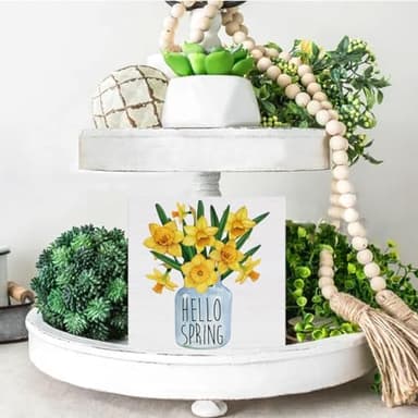 Spring Decor - Hello Spring Decorations - Floral Wooden Decorative Sign - Rustic Home Decor for Desk Table Shelf 5 x 5 Inches - Image 8