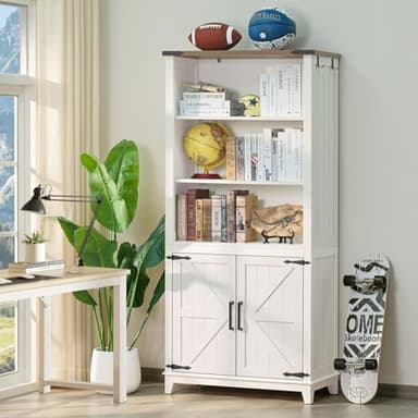 Joaxswe 5 Tier Bookshelf 70in Tall Bookcase with Barn Doors and Storage Cabinet, White Farmhouse Book Shelf with Adjustable Shelves, Wood Freestanding Display Bookshelves for Bedroom, Living Room - Image 1