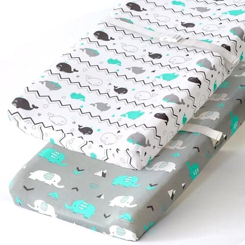 Stretchy Changing Pad Covers for Boys Girls,2 Pack Jersey Knit,Elephant & Whale - Image 1