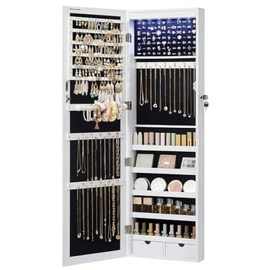 SONGMICS 6 LEDs Mirror Jewelry Cabinet, 47.2-Inch Tall Lockable Wall or Door Mounted Jewelry Armoire Organizer with Mirror, 2 Drawers, 3.9 x 14.6 x 47.2 Inches, White UJJC93W - Image 1