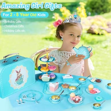Tea Party Set for Little Girls, 49PCS Princess Tea Time Toys Including Tea Set Dessert Carrying Case, Kids Kitchen Pretend Playset (Bunny Tea Party Set Blue) - Image 7