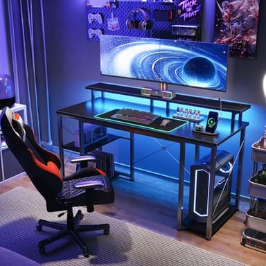 ODK 48 inch Gaming Desk with LED Lights & Power Outlets, Computer Desk with Monitor Stand & Storage Sheves, CPU Stand, Home Office Desk, Black - Image 5