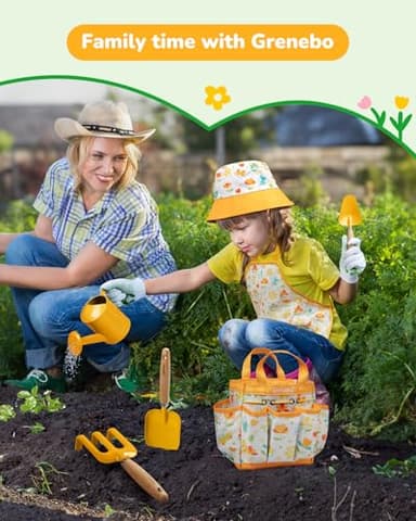 Grenebo Kids Gardening Set Toys,Includes Metal Trowel,Transplanting Shovel,Garden hat,Rake,Apron,Gloves,Watering Can,and Tool Organizer Bag (Yellow) - Image 6