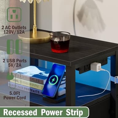 Furnulem Black Nightstand with Wood Shelf, Bed Side Table with Led Light and Charging Station, 25.8 Inch End Table with 3 Fabric Storage Drawers, Small Night Stand for Bedroom Furniture - Image 8