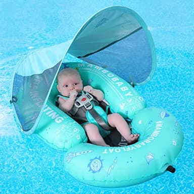 Mambobaby Float Baby Pool Float with Canopy & Tail Portable Baby Float Self-Inflating Compressible Folding Swimming Floating Bed Water Swim Float for Infant Toddler 3-24 Momths, Green - Image 6