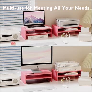 BONTEC Wooden Monitor Stand Riser, 2-Tier Desk Shelf with Storage Organizer, Ergonomic Computer Stand with Cable Management, Cellphone Holder, Pink, 16.5 Inch - Image 7