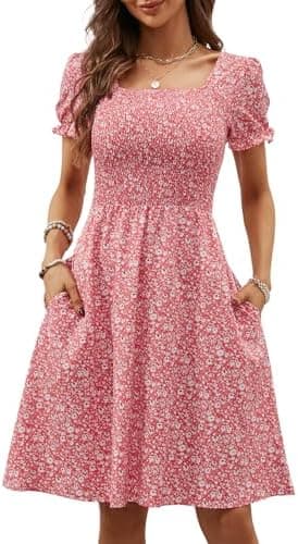 Berydress Women's Summer Dresses 2025 Pockets Short Sleeve Square Neck Flowy A Line Casual Beach Smocked Mini Sun Dress - Image 3