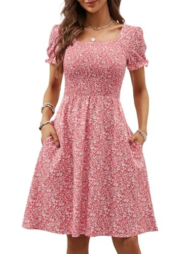 Berydress Women's Short Sleeve Dress with Pockets Square Neck Floral Mini Sundress Summer Casual Boho Smocked Dresses 2025 (S,6203-Pink Flower) - Image 1
