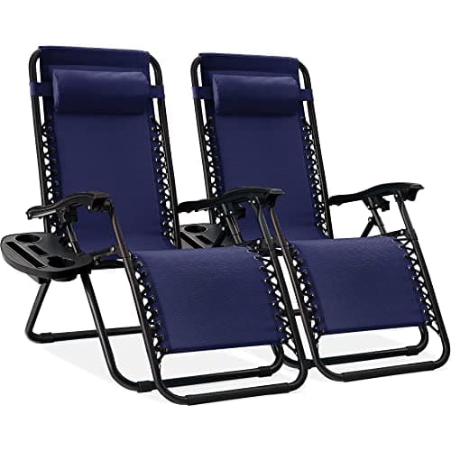 Best Choice Products Set of 2 Adjustable Steel Mesh Zero Gravity Lounge Chair Recliners w/Pillows and Cup Holder Trays - Navy Blue - Image 1