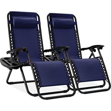 Best Choice Products Set of 2 Adjustable Steel Mesh Zero Gravity Lounge Chair Recliners w/Pillows and Cup Holder Trays - Navy Blue - Image 1