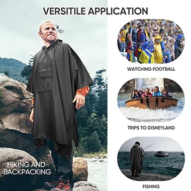 PTEROMY Hooded Rain Poncho for Adult with Pocket, Waterproof Lightweight Unisex Raincoat for Hiking Camping Emergency (Black) - Image 5