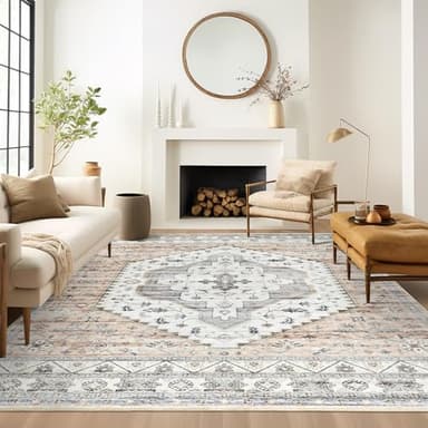 Area Rugs for Living Rooms - 8x10, Boho Non-Slip Low Pile Carpet Machine Washable Rugs for Bedroom, Farmhouse, Office, Dining Room (Peach) - Image 3