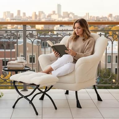 Tiita Lazy Chair with Ottoman, Modern Large Accent Lounge Armchair, Comfy Leisure Sofa Reading Chair with Footrest for Bedroom, Living Room, Dorm Rooms, Garden and Courtyard, Plush Beige - Image 3