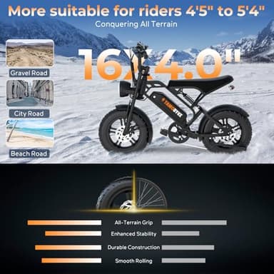 Tamobyke T16 Electric Bike for Teens & Childs, 1000W Motor 48V15.6Ah Removable Battery, 30MPH Off-Road Electric Bicycle,16"Fat Tire Ebike for Kids, 7-Speed,Dual Hydraulic Brakes, Fits Riders 5'0"-5'7" - Image 3