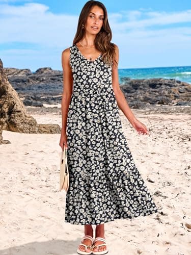 ANRABESS Womens Summer Maxi Dresses Fit & Flare Flowy V Neck Sleeveless Swing Casual Tiered Beach Sundress with Pockets Black with Floral White Large - Image 2