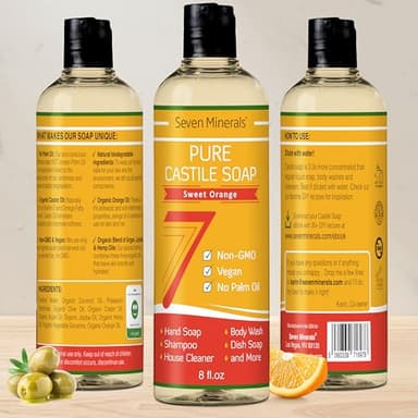 Seven Minerals Pure Castile Soap, Sweet Orange 8oz - No Palm Oil, GMO-Free - Gentle Liquid Soap For Sensitive Skin & Baby Wash - All Natural Vegan Formula with Organic Carrier Oils - Image 4