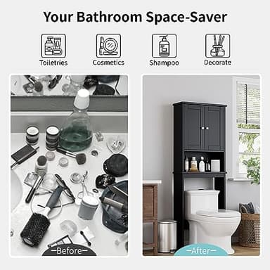 Shintenchi Over The Toilet Storage Cabinet, Bathroom Shelf Organizer with Anti-Tip Device Small Freestanding Space Saver with Adjustable Shelf，Black - Image 6