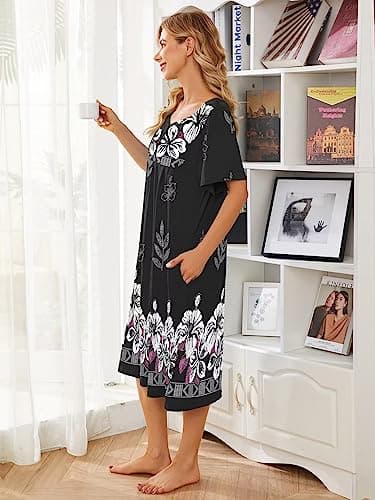 udforsk Grandma House Dress With Pockets Duster Housecoats Moo moo Dresses Loungers Plus Size Moos Nightgown Patio Summer Mumu dusters for women momo dresses robes womens nightgown Black L - Image 3