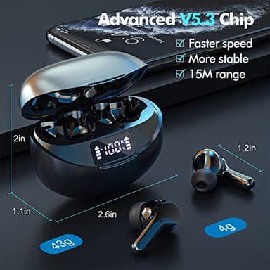 Bcaikair Wireless Earbuds Bluetooth Headphones 50H Playback Ear Buds with IPX7 Waterproof, HD Microphone, LED Display for iPhone and Andriod - Black - Image 3