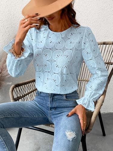 CUPSHE Women Eyelet Long Sleeve Tops Shirts Dressy Hollow Out Crochet Lace Embroidered Blouses 2025 Fashion Top Blue L - Image 3