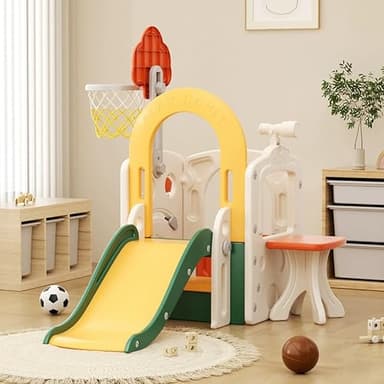 BIERUM Toddler Slide, Baby Slide for Toddlers Aged 1-3, with Adjustable Basketball Hoop, Soccer, Dart Board and Pretend Shopping Window, Multi-Functional Playset for Indoor Outdoor Use - Image 9