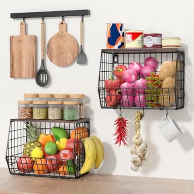 Wawocs 2 Tier Fruit Bowl Fruit Basket for Kitchen Counter Stackable Wall Mounted Hanging Basket Wire Baskets with Wood Lid with 4 Banana Hanger Hooks, Onion Basket, Fruit and Vegetable Storage - Image 3